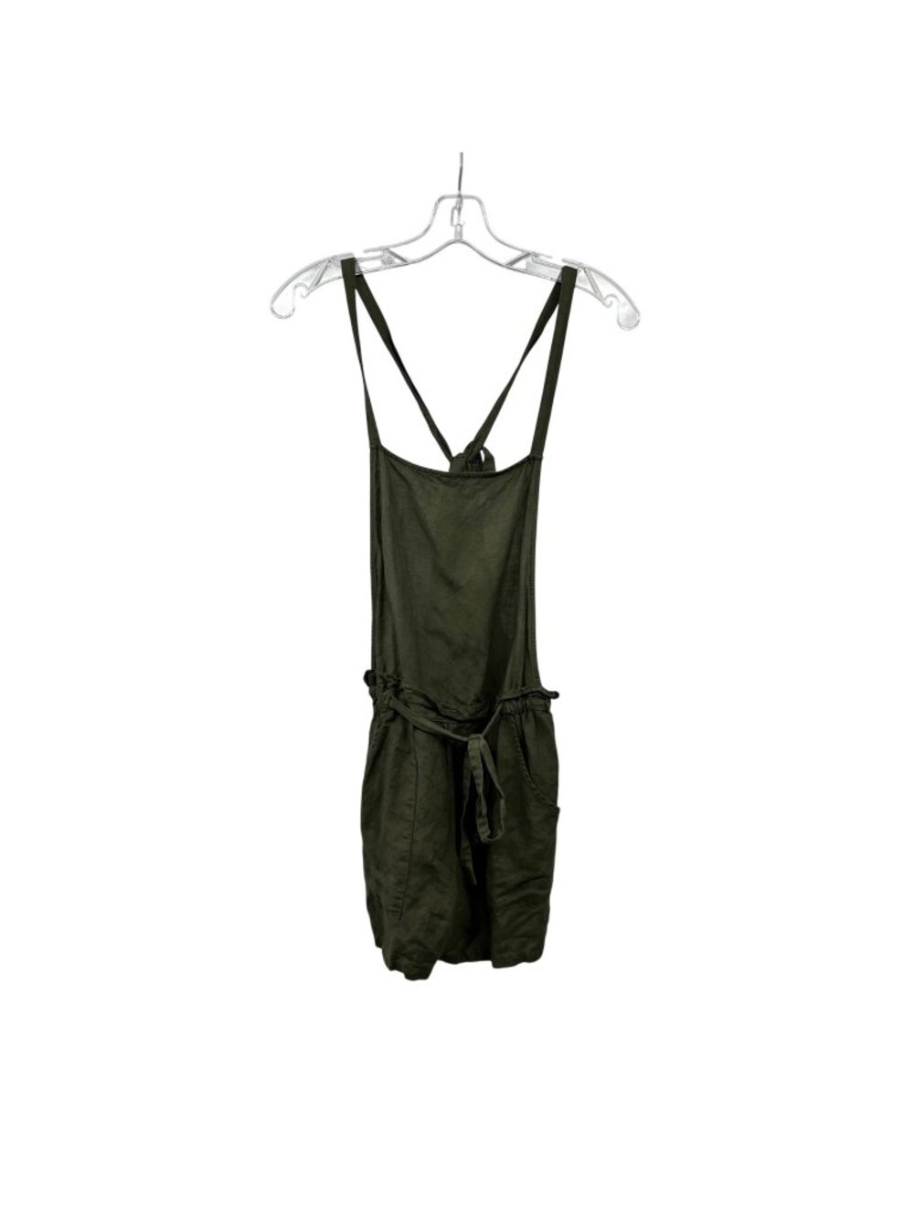 Sugar+Lips Womens Linen Blend Romper Green Tie Straps Size Small Pockets